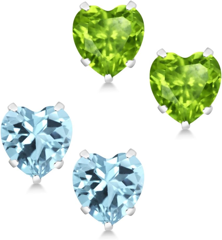 Gem Stone King 2.40 Cttw Heart Shape Blue Topaz and Peridot Stud Earring Set of 2 For Women | 925 Sterling Silver | Gemstone Birthstone | Heart 5MM