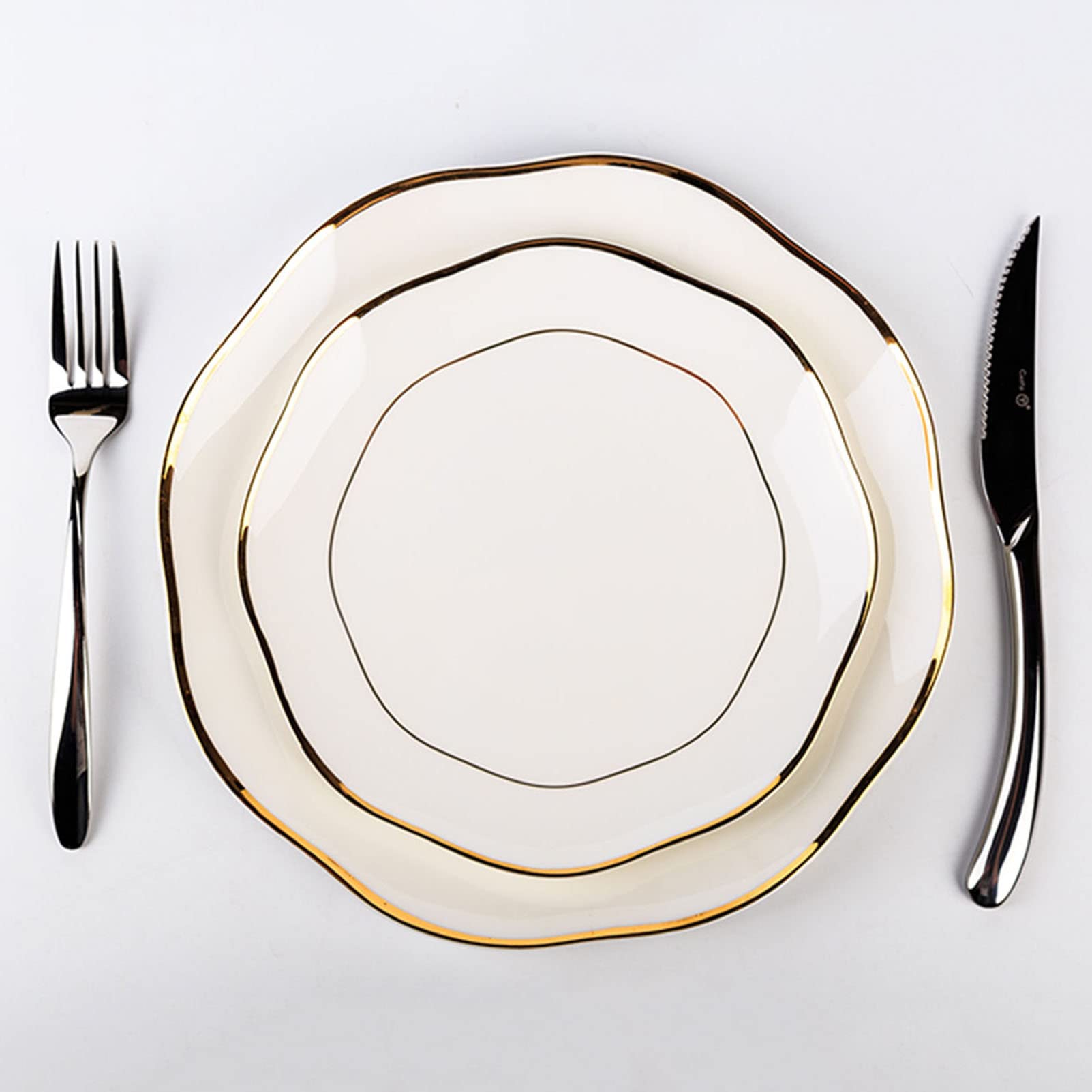 Wykwintny zestaw naczyń z porcelany kostnej dla 6 osób, kreatywny zestaw naczyń ze złotym rantem, ceramiczny zestaw naczyń dla 6 osób, biały zestaw naczyń - talerze,
