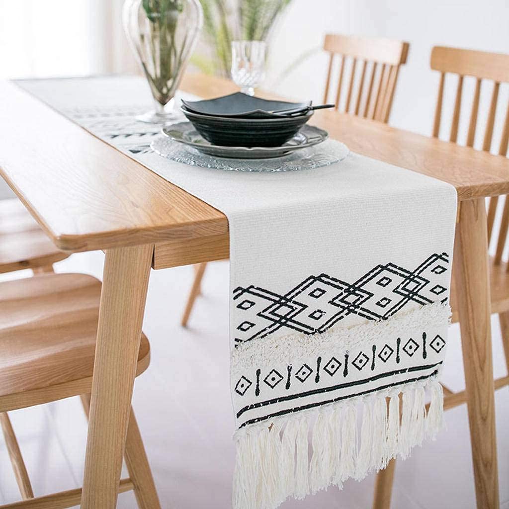 Chemin de table coton lin anti-rayure nappe avec pompon pour protéger meuble TV et table