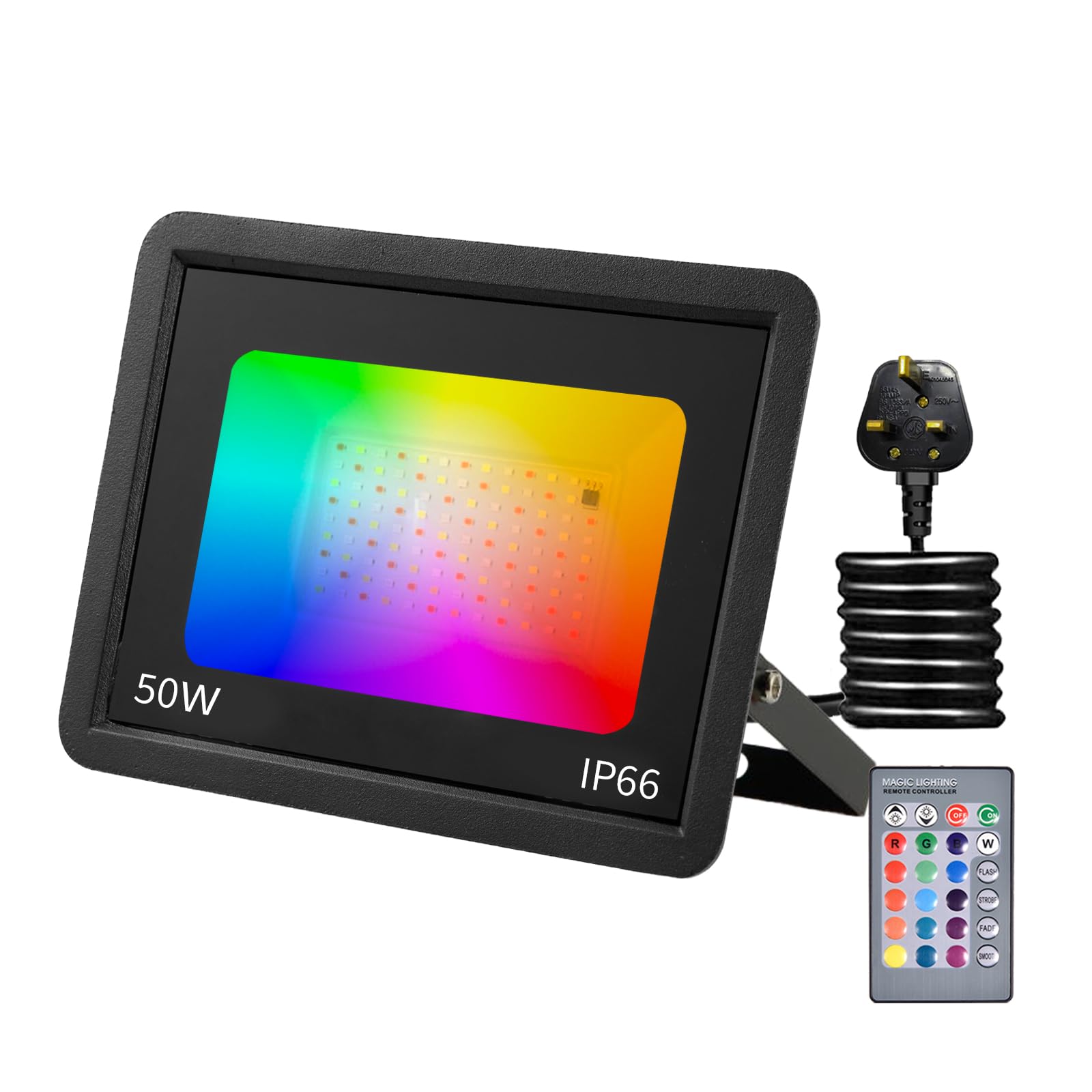 Phlbao 50W LED Floodlight Outdoor, 220V Colour Changing Flood Lights with Remote Control, 12 RGB Colours, Timing, 4 Modes, IP66 Waterproof