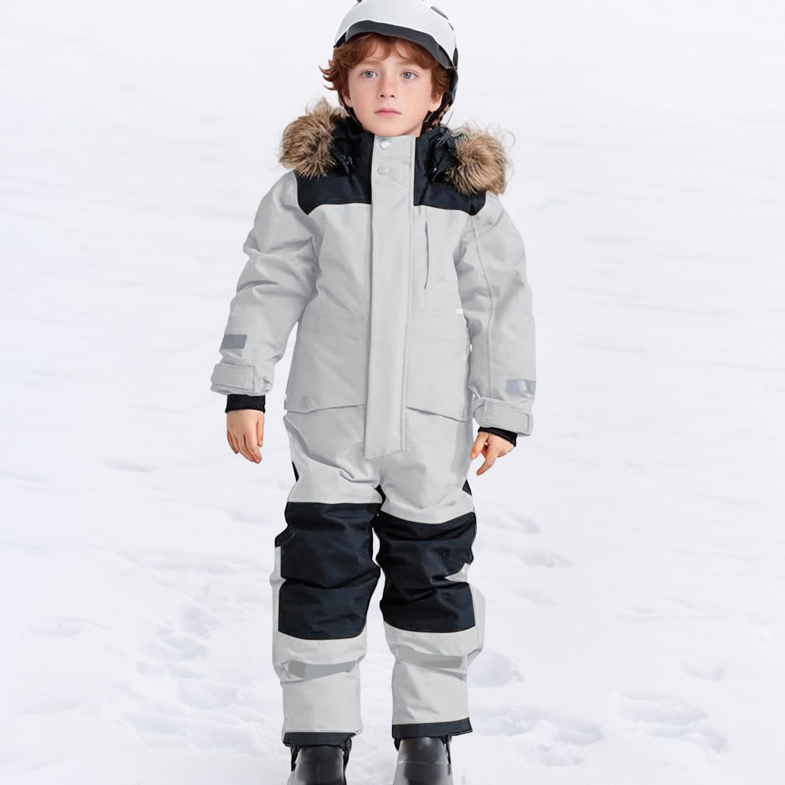 Tute da Neve Bambino e Ragazzi, Tute da Sci Bambine e Ragazze, Tuta da Neve di un Pezzo Bambini Invernale Outdoor Antivento Impermeabile e Traspirante Calda Tuta con (Light Gray, 14-15 Years)
