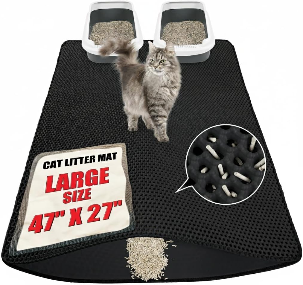 Cat Litter Mat (47" x 27") - Large, Double-Layer, Non-Toxic, Easy Clean, Durable, Black