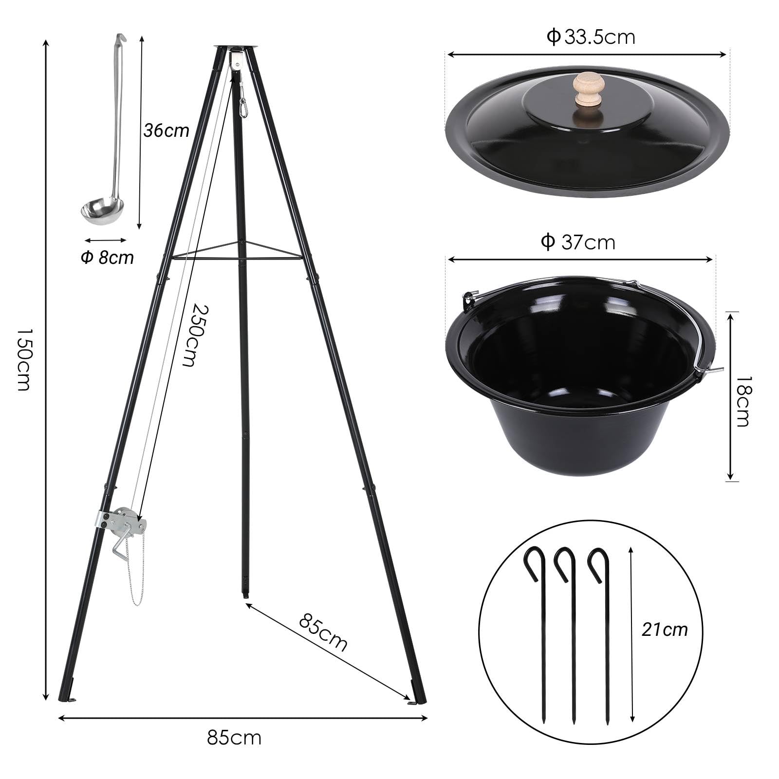 TLSUNNY Bollitore per Gulasch Ungherese Originale 10 L, Telaio per Treppiede con Regolazione, Set di Pentole per Gulasch, Pentola per Gulasch Smaltata, Treppiede Telescopico con Picchetti per Picnic