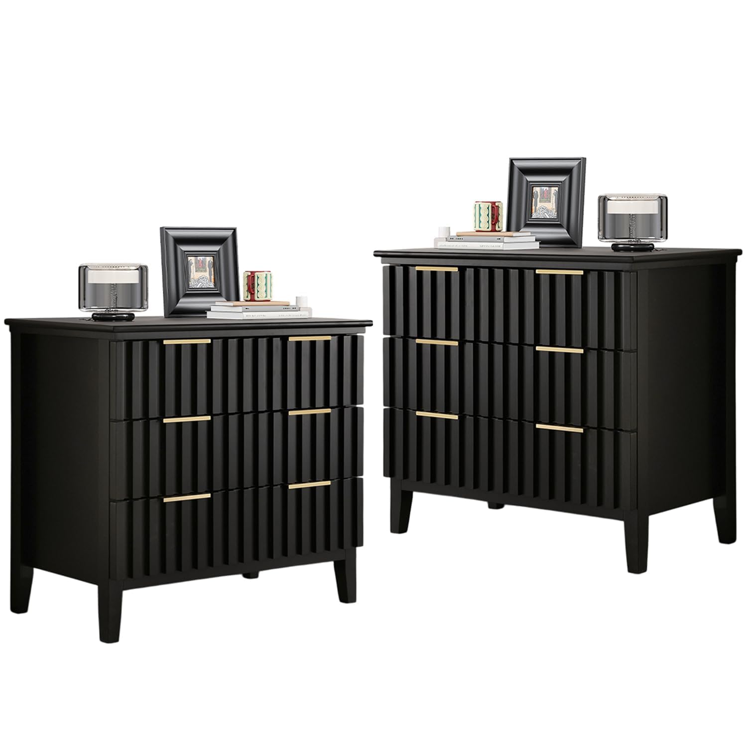LAZZO Nightstands Set of 2 Oversized Bedside Table Fluted 3 Drawer Nightstand Tall Side Tables Large Night Stand with Storage,Gold Metal Handles and Painted MDF Surface for Bedroom Black