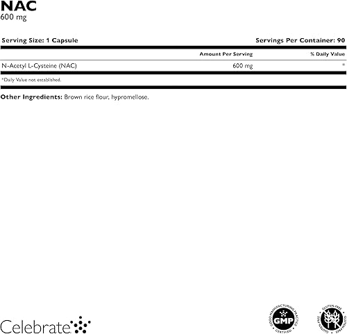 Miniatura 3 de Celebrate Vitamins NAC (N-acetil cisteína) Suplemento, 600 mg por cápsula, sin gluten, sin OMG, 90 cápsulas