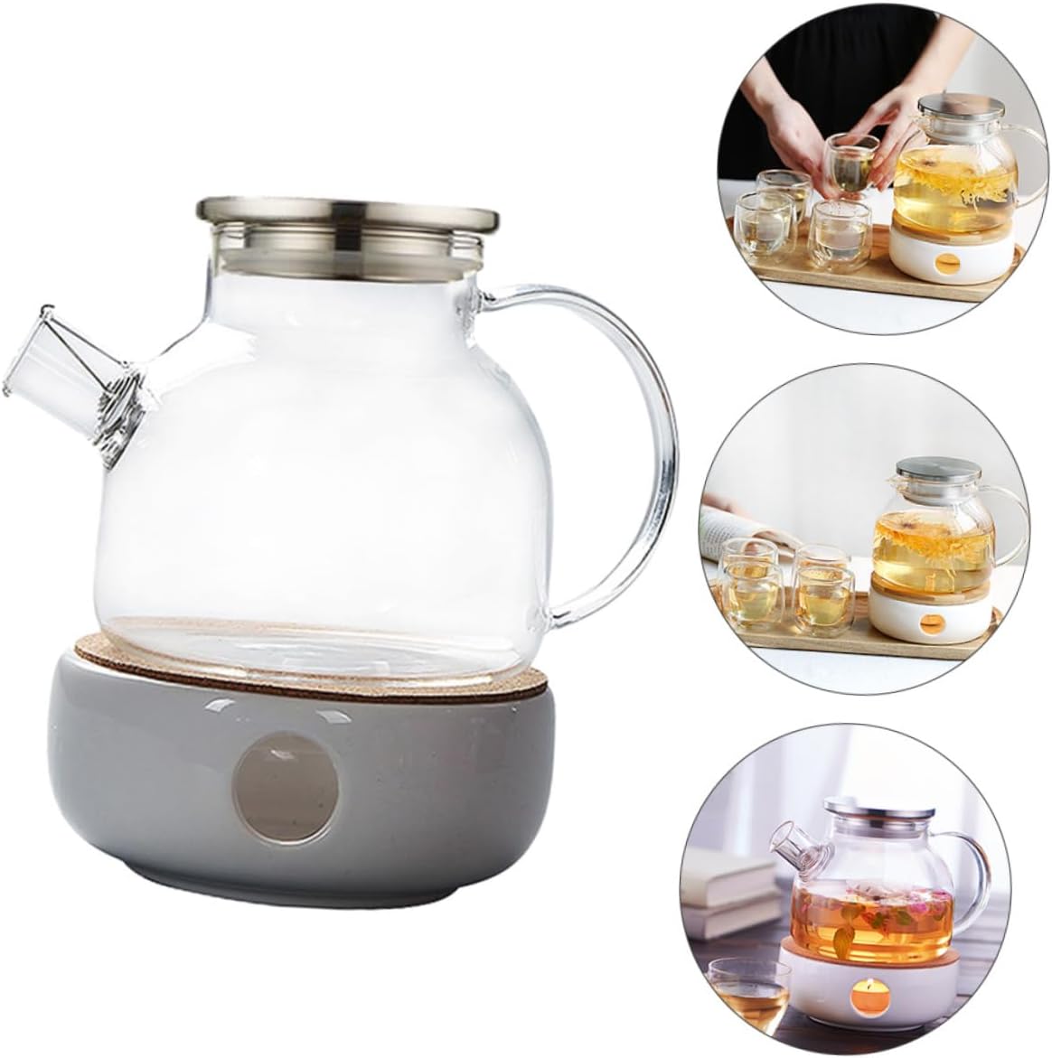 2pcs Capacious Glass Teapot with Bamboo Lid and Ceramic Warmer Heat Resistant Microwave Safe Tea Set for Loose Leaf Tea Capacity