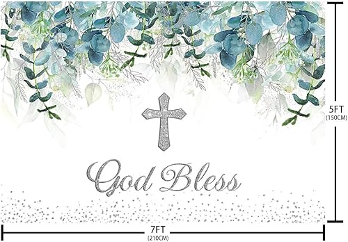 Miniatura 5 de SENDY Telón de fondo de 7 x 5 pies para decoración de fiesta de bautismo, suministros de primera comunión para bautizo, hoja de eucalipto, purpurina