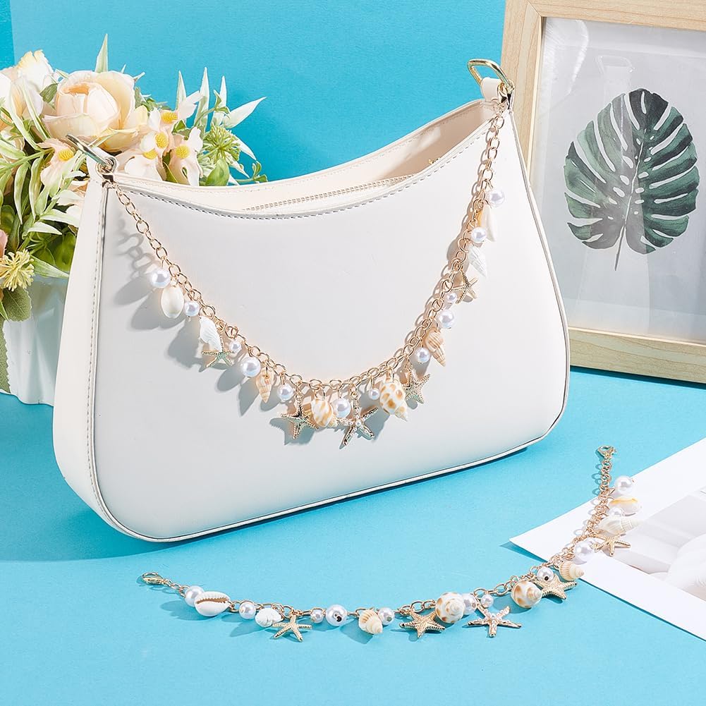 Beebeecraft 1 Box 2Pcs Beach Purse Chain Ocean Themed Decorative Bag Chain Replacement Strap Starfish Natural Sea Conch Shell Faux Pearl Handbag Charms for Crossbody Shoulder Tote Bags Clutch Gifts
