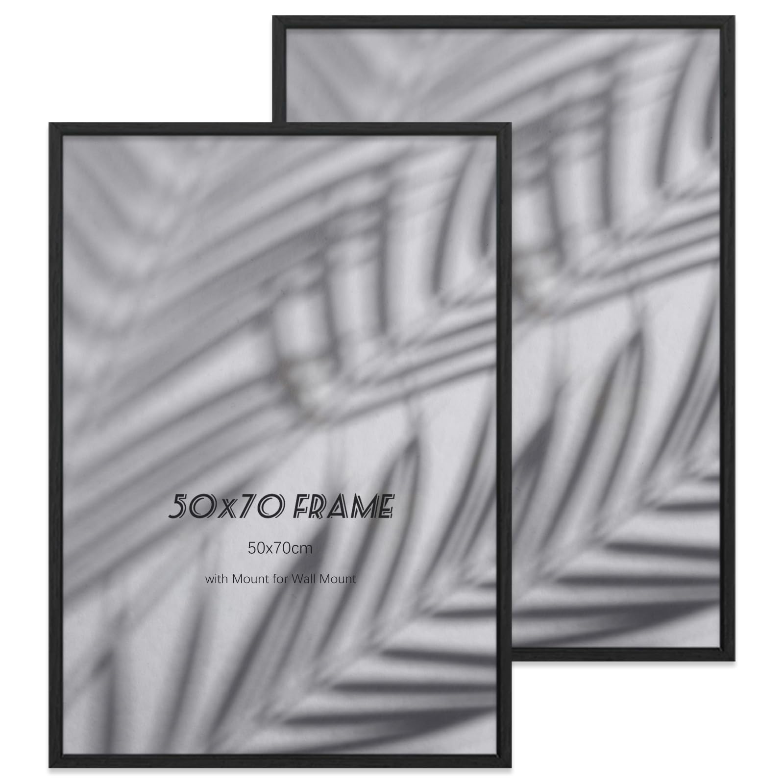 YONGHUO 50x70cm Frame, 2 Pack 70cm x 50cm Frame, Wooden Picture Frame, with Plexiglass and Wall Hooks, for Wall Hanging, Black