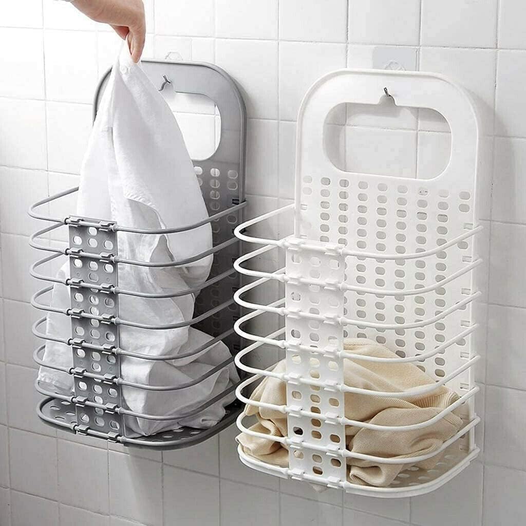 Wall-Mounted Hanging Laundry Basket, Foldable Plastic Hamper, Space-Saving Dirty Clothes Storage Bin for Bathroom-image-42