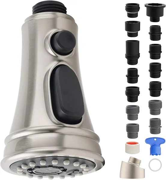 Universal Kitchen Faucet Replacement Head with 15 Adapters, Pull Down Spray Head 3 Modes Kitchen Faucet Sprayer Head Replacement Compatible with Moen, Delta, Kohler, AquaSource, Brushed Nickel