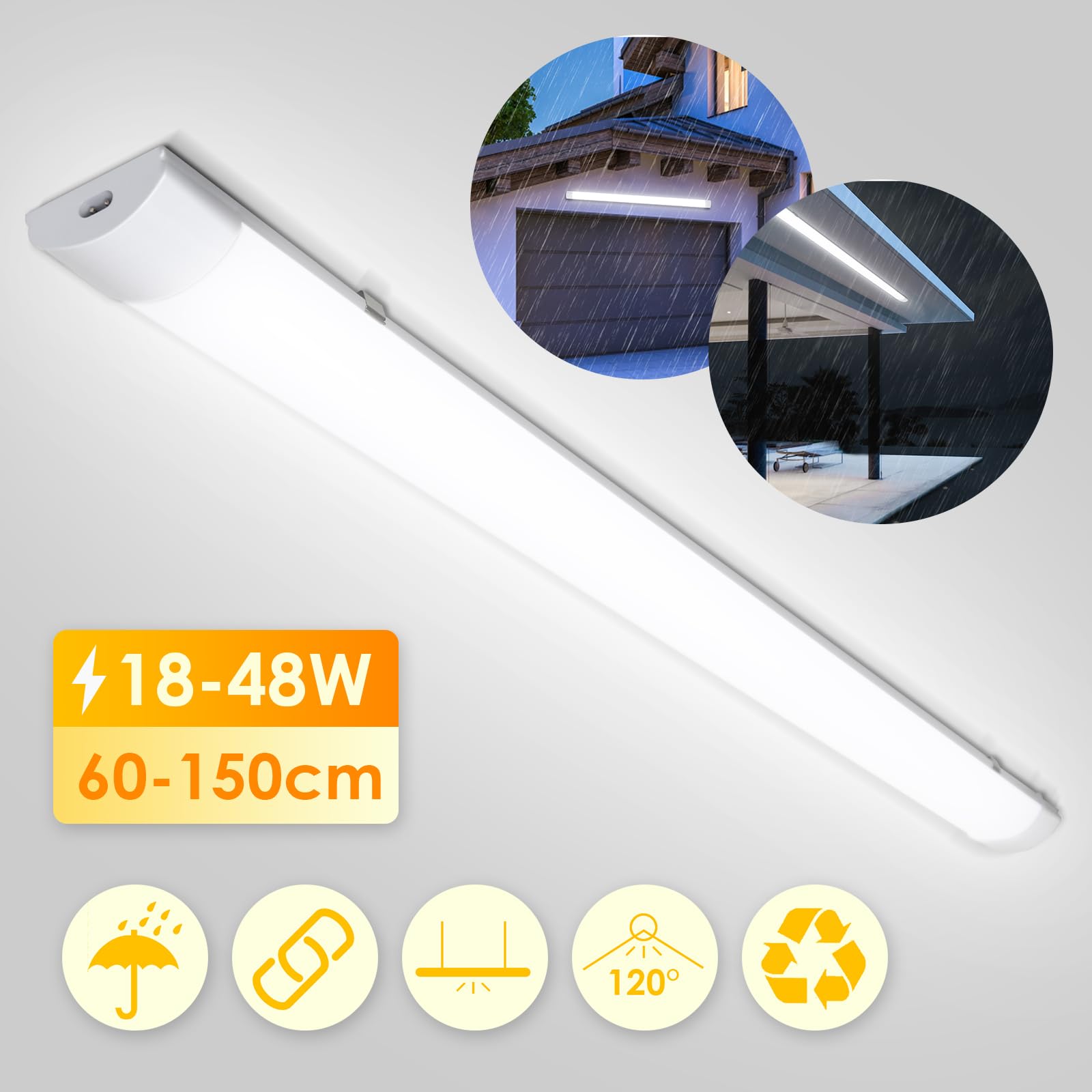 Randaco LED Feuchtraumleuchte 150CM, Deckenleuchte 48W 3600LM, LED Röhre Wasserfest IP65 Feuchtraumlampe Wannenleuchte Neutralweiß 4000K, kellerleuchte für Keller Werkstatt Garage Küche Bad Büro