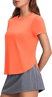 PINSPARK Blusas de treino femininas FPS 50+ camisetas de ioga de manga curta atléticas com fendas laterais, camiseta de corrida, academia, caimento solto