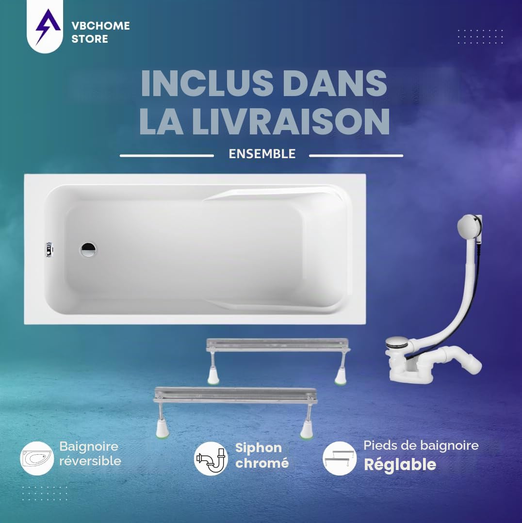VBChome Baignoire 170 x 80 cm - Blanc - En acrylique - Pieds de baignoire - Siphon - Design moderne - Chromé