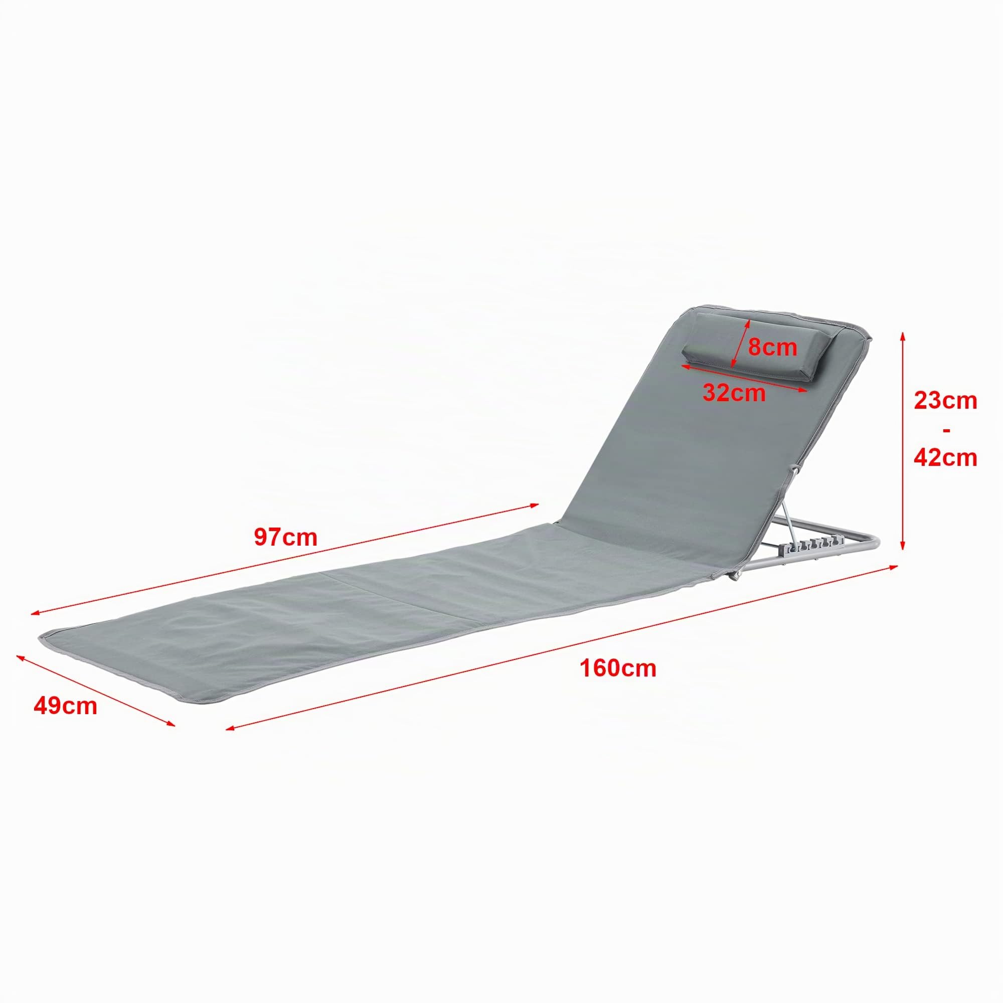 [en.casa] Strandmatte Cellorigo 2er Set Strandliege klappbar Dunkelgrau Sonnenmatte mit 5-Fach Verstellbarer Rückenlehne Kissen Liegematte mit Tragetasche 160 x 49 cm