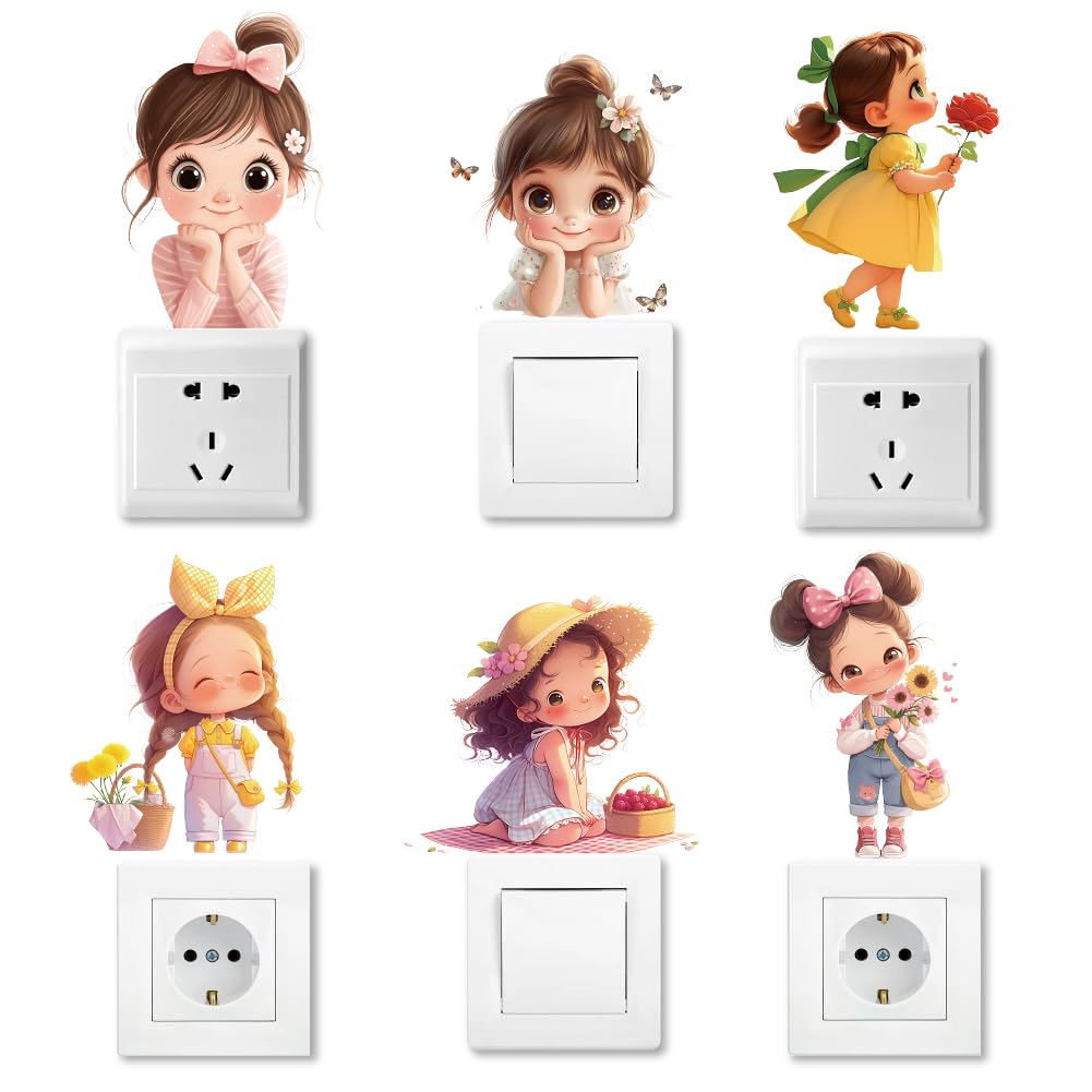 AHANDMAKER 6 x Niedlicher Lichtschalter Aufkleber Mit Cartoon Motiv. 7x7 Zoll Cartoon Charakter Mit Bunten Blumen Wandaufkleber Lichtschalter Aufkleber Für Büro Home Decor