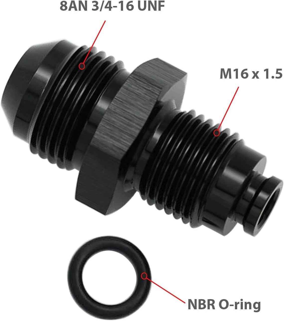 Aluminum 8AN Male Flare to M16x1.5 O Ring Seal Power Steering Adapter Fitting Connector Black