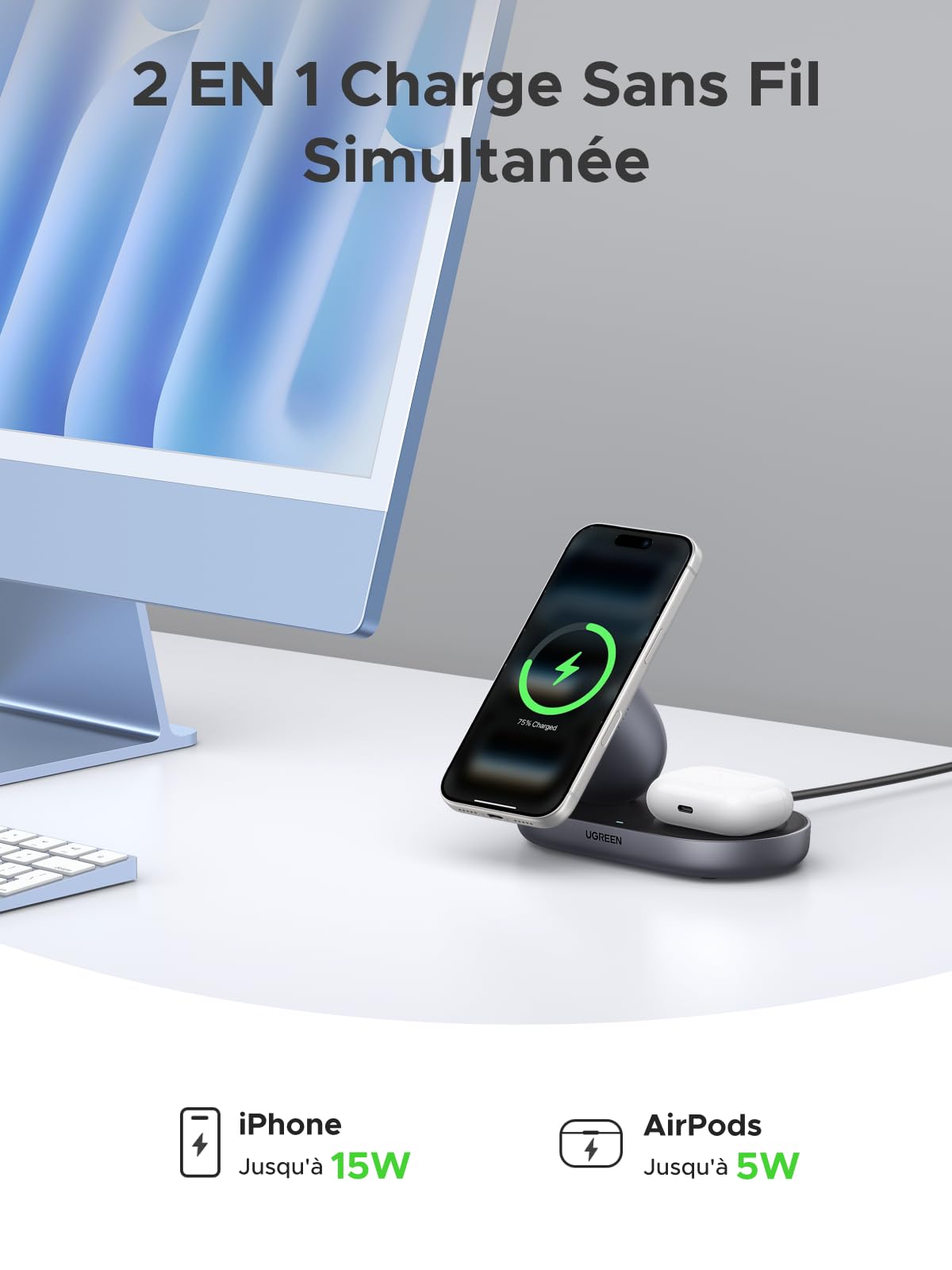 UGREEN Zapix Chargeur Induction iPhone MagSafe Qi2 15W Certifié Compatible avec iPhone 17 16 15 14 13 12 AirPods, 2 en 1 Chargeur sans Fil Magnétique Charge Rapide (Noir)
