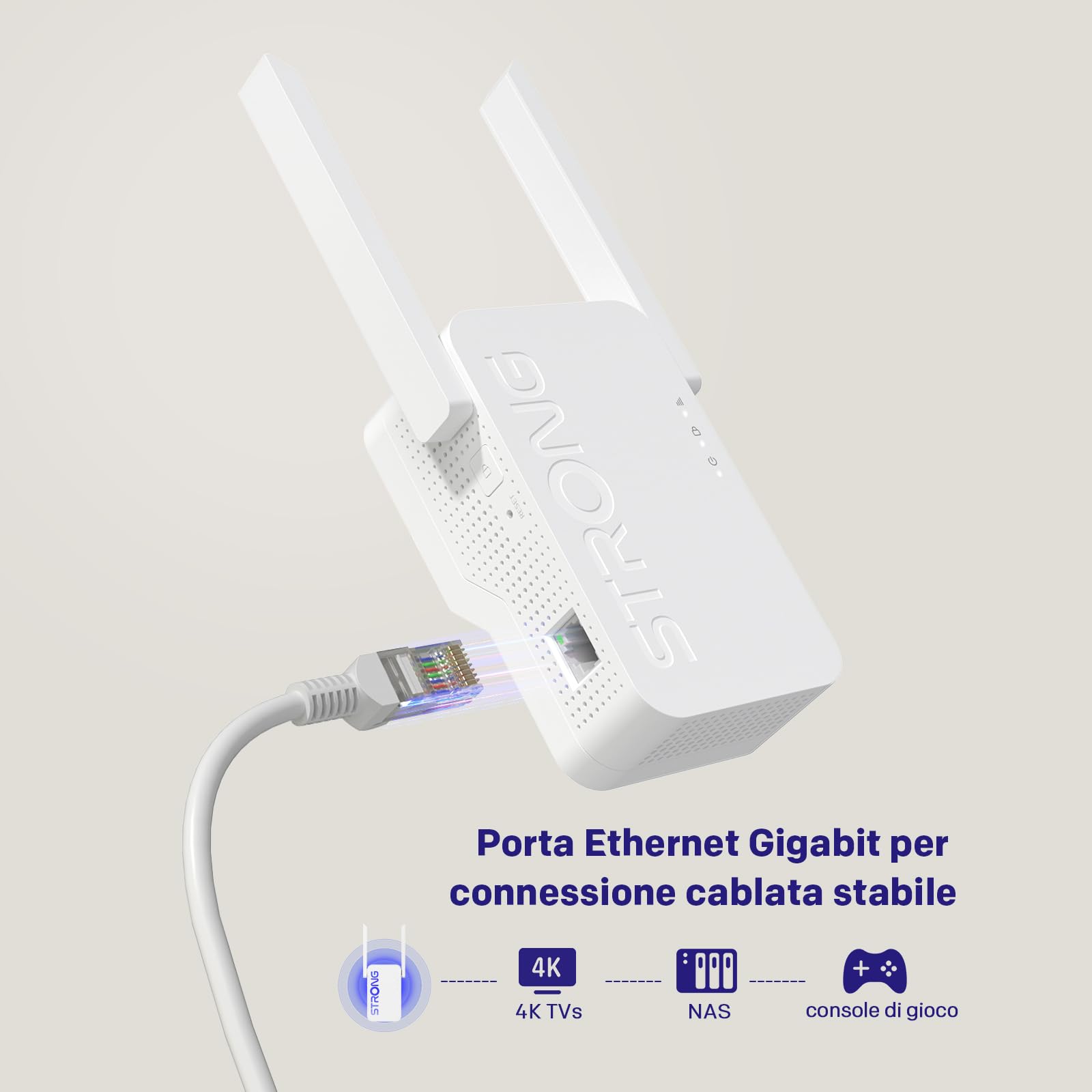 STRONG Ripetitore WiFi 6 AX3000, Amplificatore WiFi Dual Band | 3000 Mbps, WiFi 6, Dual Band, Ripetitore WiFi, Porta Gigabit, 2 antenne esterne, Access Point, Gaming 4K