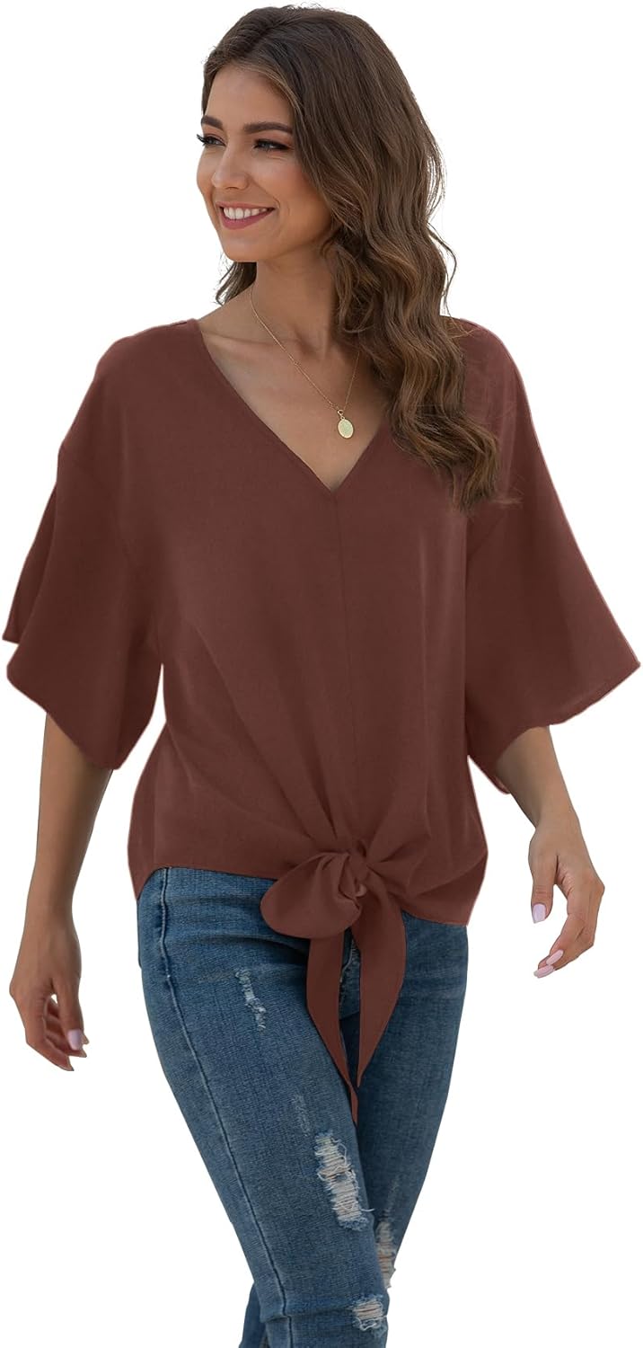 VIISHOW Womens Tie Front Chiffon Blouses V Neck Batwing Short Sleeve Summer Tops Shirts - Image 3
