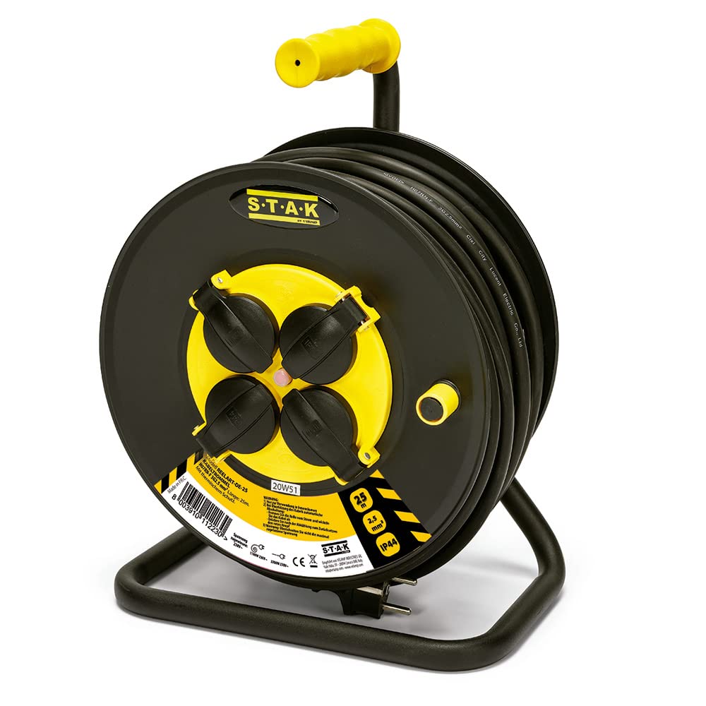 Profesjonalny zwijacz kabla elektrycznego, 4 gniazda i gniazdo Schuko, H07RN-F3G2.5MM2, 25M, GS (TUV)- IP44.