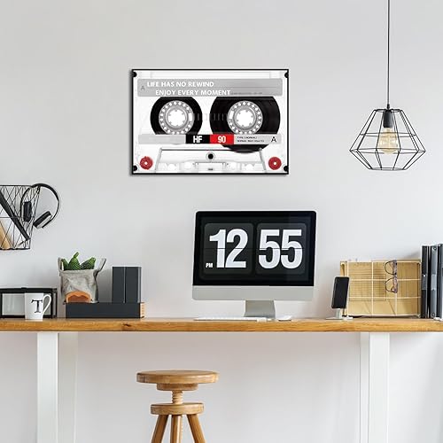 Miniatura 2 de Muzenso Vintage Cassette Tape Wall Art Canvas Prints 16x24 Inch with Black Floater Frame Life Has No Rewind Inspirational Quote for Living Room