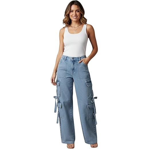 High-Waist Cargo Jeans Loose Fit Wide Leg