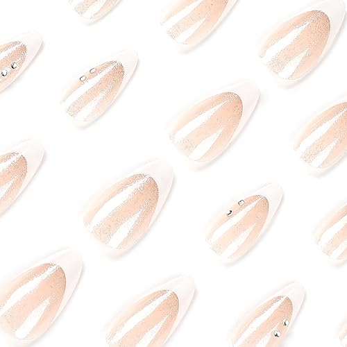 Miniatura 5 de Uñas postizas a presión medianas con punta francesa de almendra MABKJLF color nude, cobertura completa, estrellas plateadas, uñas postizas con