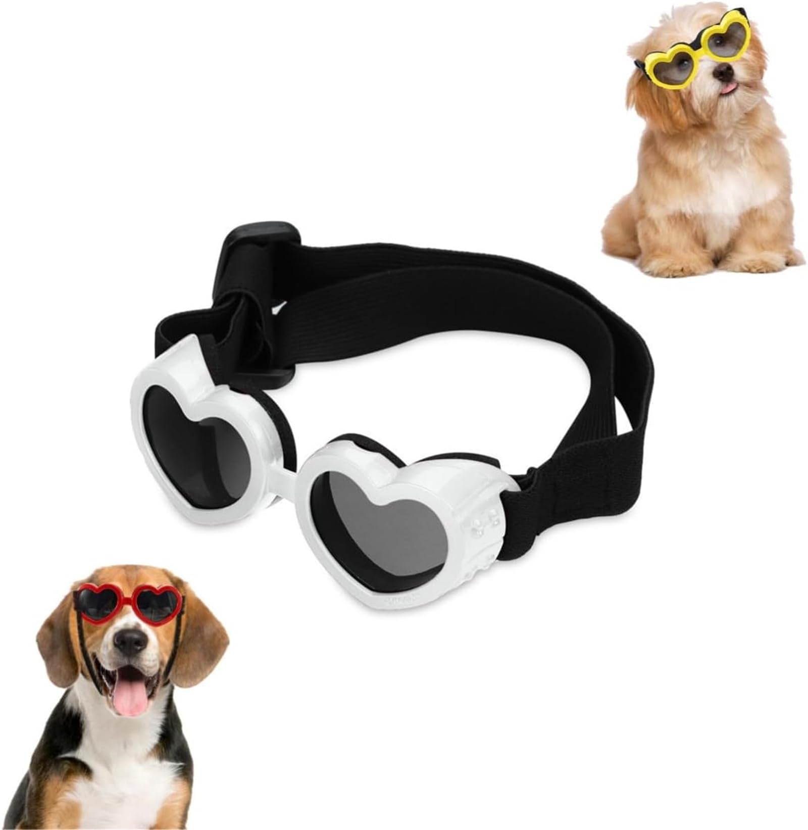 Dog Heart Shaped Goggles Wind-Resistant, Dog Goggles Heart Shape Sunglasses, Stylish Cute UV Protection Sunglasses, Small Dog Sunglasses UV Protection for Outdoor Riding and Walking (White)