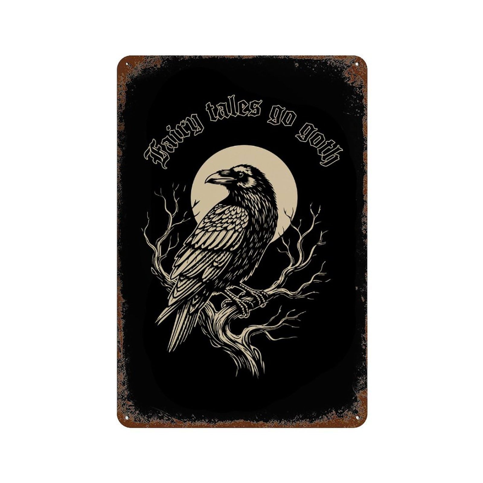 Decorative Tin Sign with Gothic Raven Fairy Tales Illustration Design 11.8"x7.9", for Farmhouse, Kitchen And Entryway Decor, Decorative Metal Wall Art