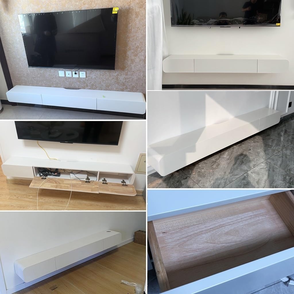 Telewizor naścienny, 200 cm pływająca konsola multimedialna z szufladą, otwór do zarządzania kablami, stylowa drewniana ławka telewizyjna do salonu i przestrzeni rozrywkowej