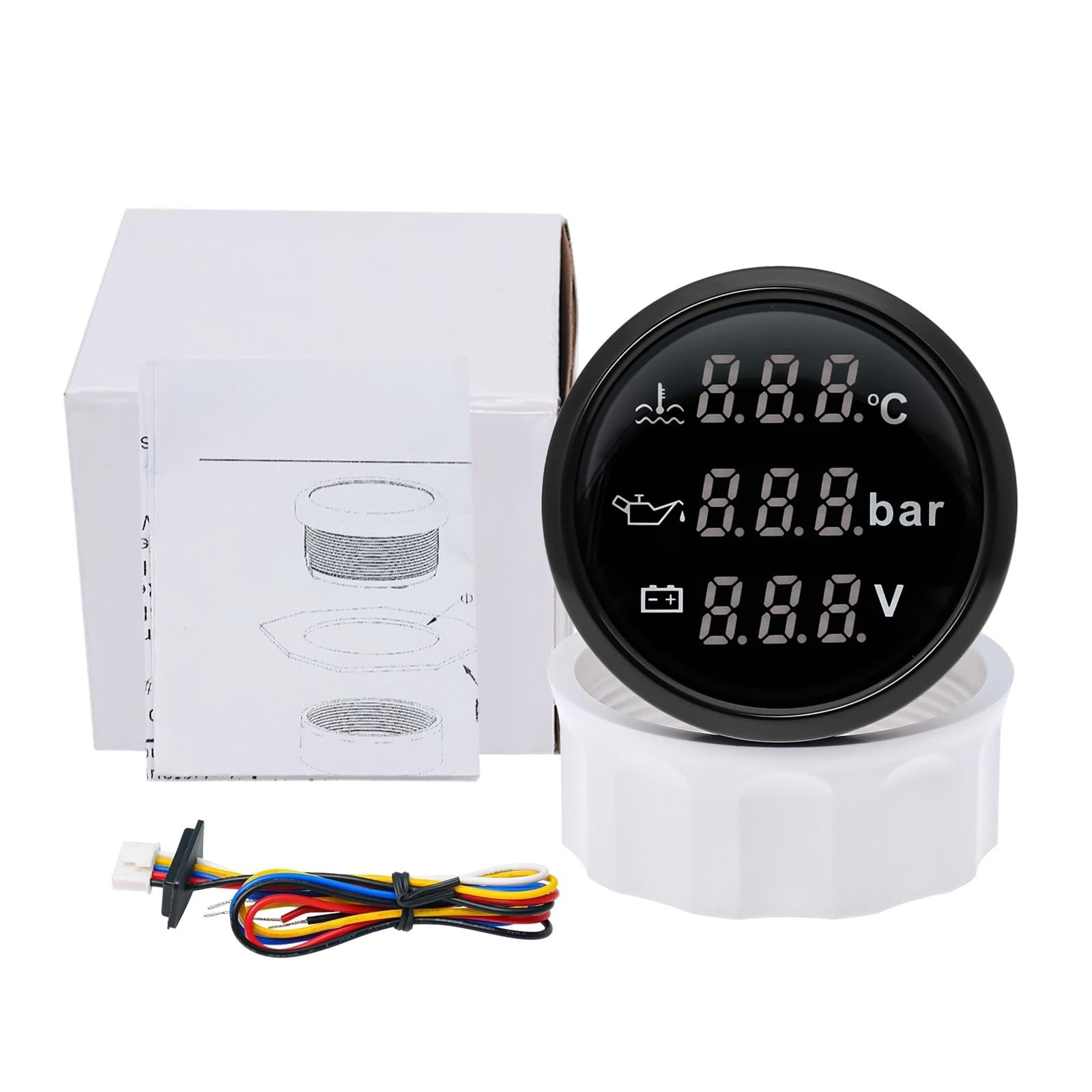 3 IN 1 Auto-Digitalanzeige, 52 mm Öldruck + Drehzahlmesser + Wassertemperaturanzeige mit Alarmtemperatursensor NPT 1/8 U/min-Sensoren Klare Messwerte(Black)