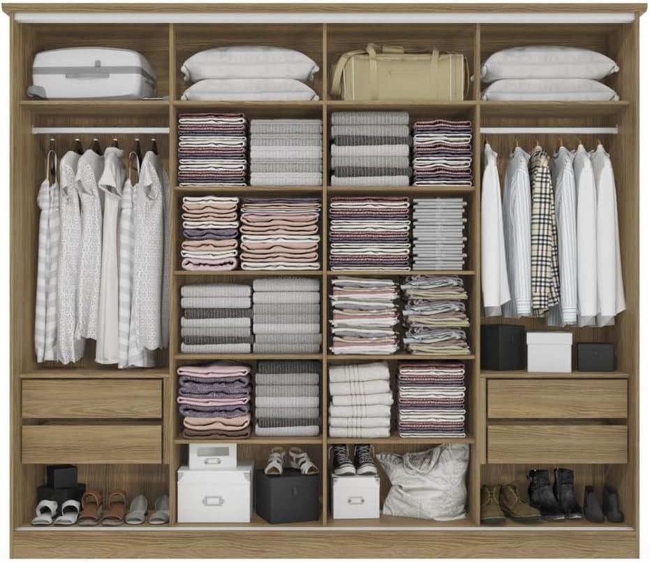 Internal view of the Kappesberg Premium 4-Door Sliding Wardrobe, showing organized clothes, shelves, and drawers.