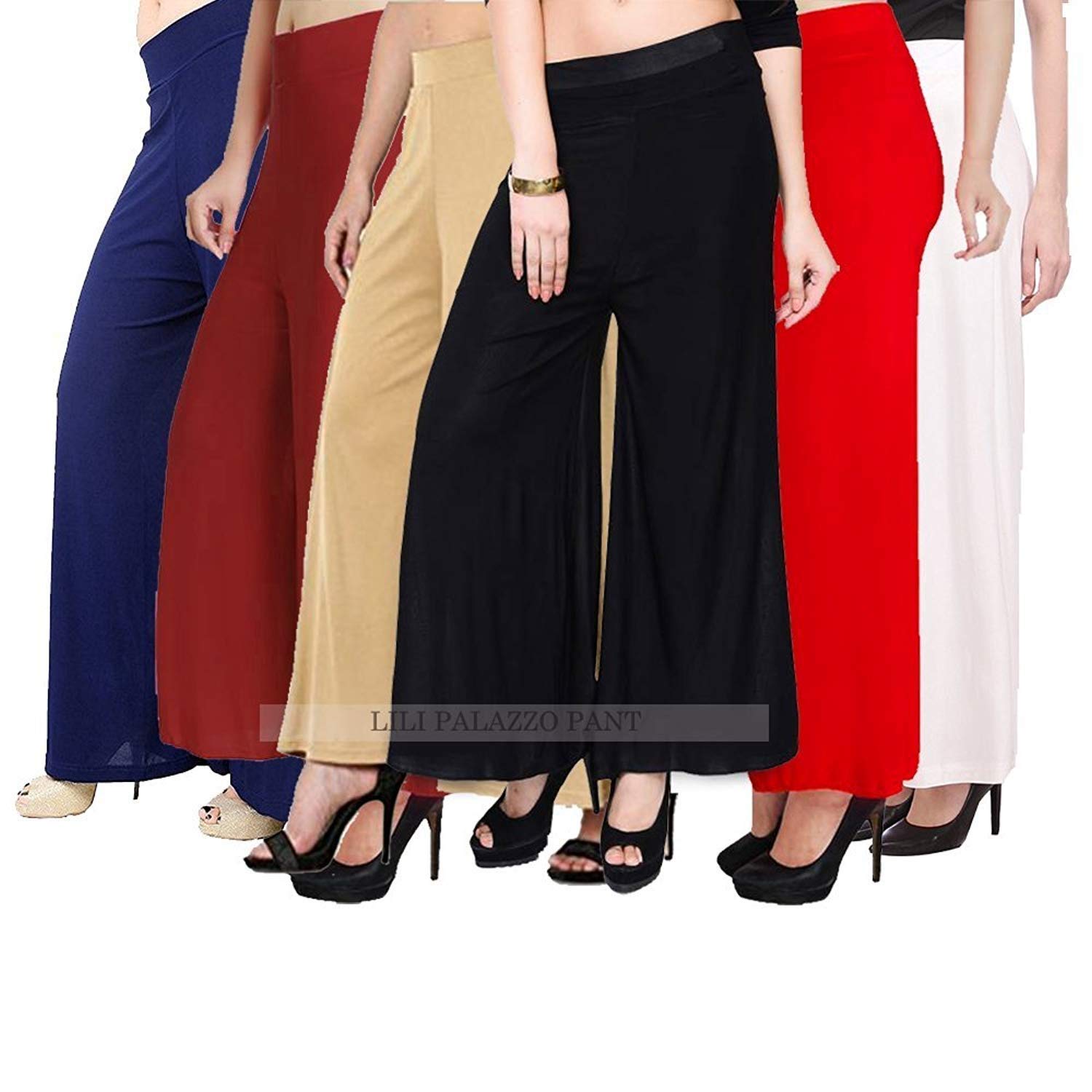 lili Women's Stretchy Malia Lycra Wide Leg Palazzo Pants (Free Size, Pack of 6, Navy Blue & Maroon & Tan & Black & Red & White)-picture-12