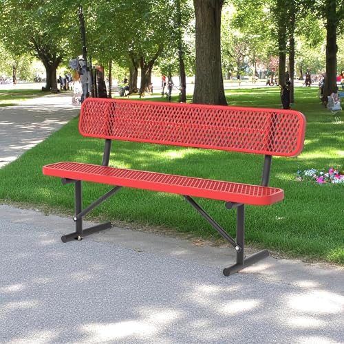 Image of 6ft Metal Park Bench with Backrest, Heavy-Duty Steel Outdoor Bench Weatherproof Playground Bench Seats, Commercial Garden Benches Red Dock Benches for Lawn, Park, Deck,Patio, Porch, Easy Installation