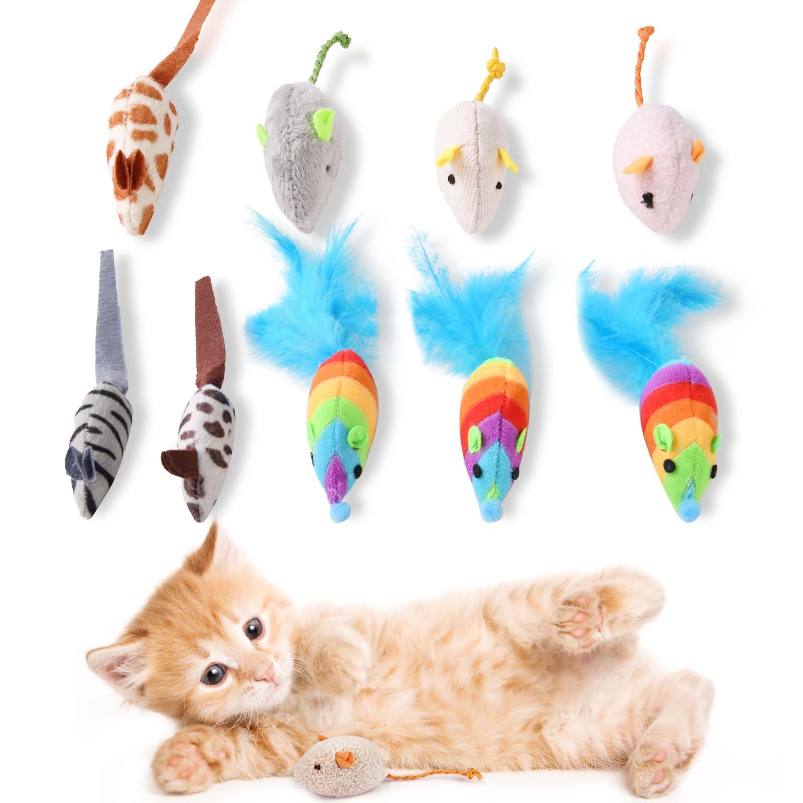 Adiwo Set di 9 Giocattolo per Gatti con Erba Gatta, Giocattolo Cuscini per Gatti, Gatto Mouse Giocattoli, Carini Peluche a Forma di Topo, Giocattoli di Erba Gatta per Coccolare, Giocare e Dental Care