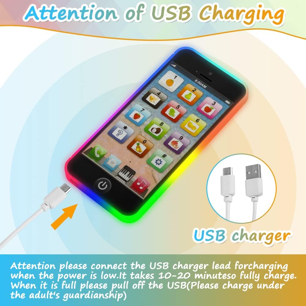 Baby Toy Phone for 12 to 36 Months Touch and Music Phone, Educational Toys & Gifts for Baby Kids Children, Play to Learn USB Recharable with 8 Functions and Dazzling LED Light (Black)