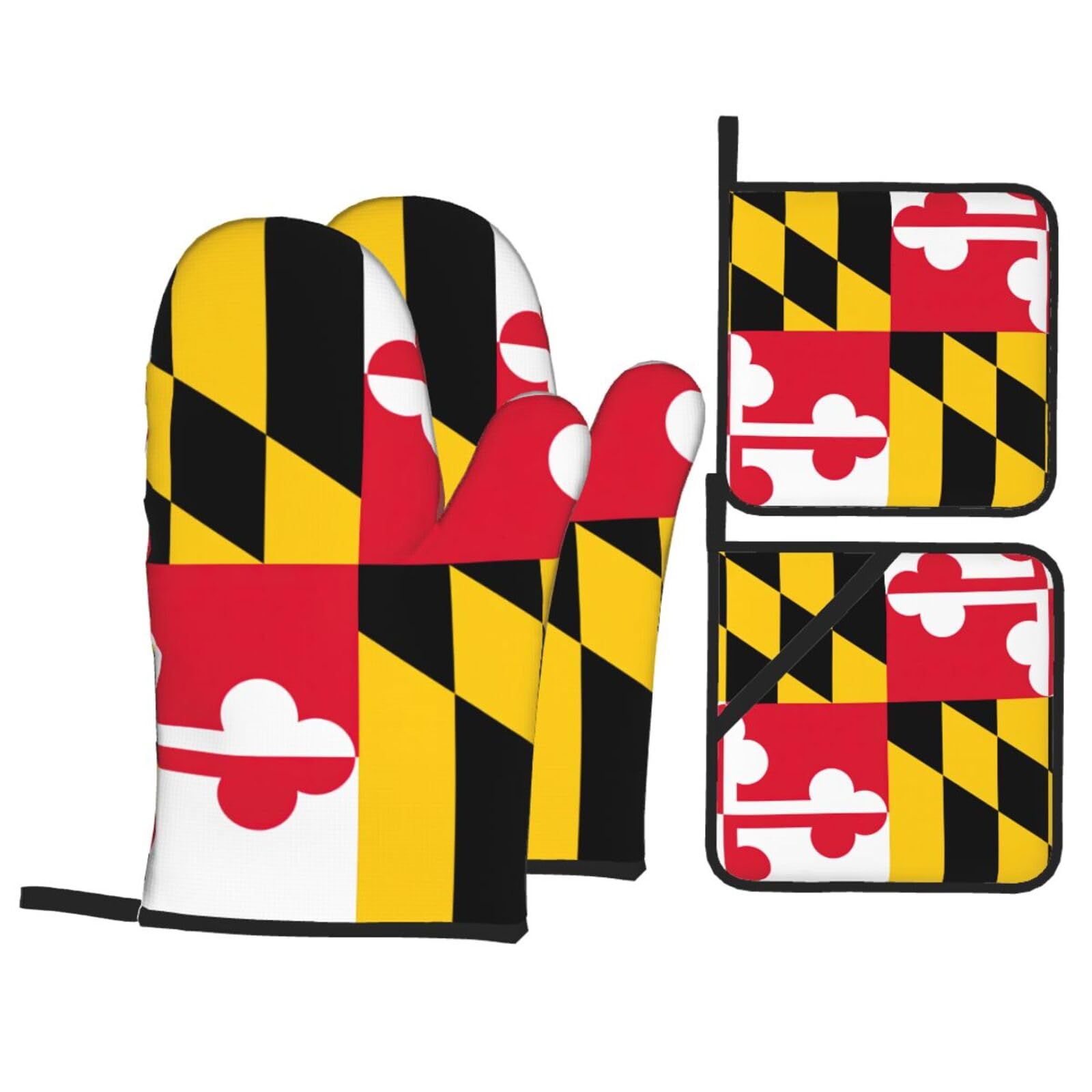 Flag of Maryland Print 4-Piece Oven Microwaving Set Waterproof Kitchen Gloves for Baking Grilling Cooking