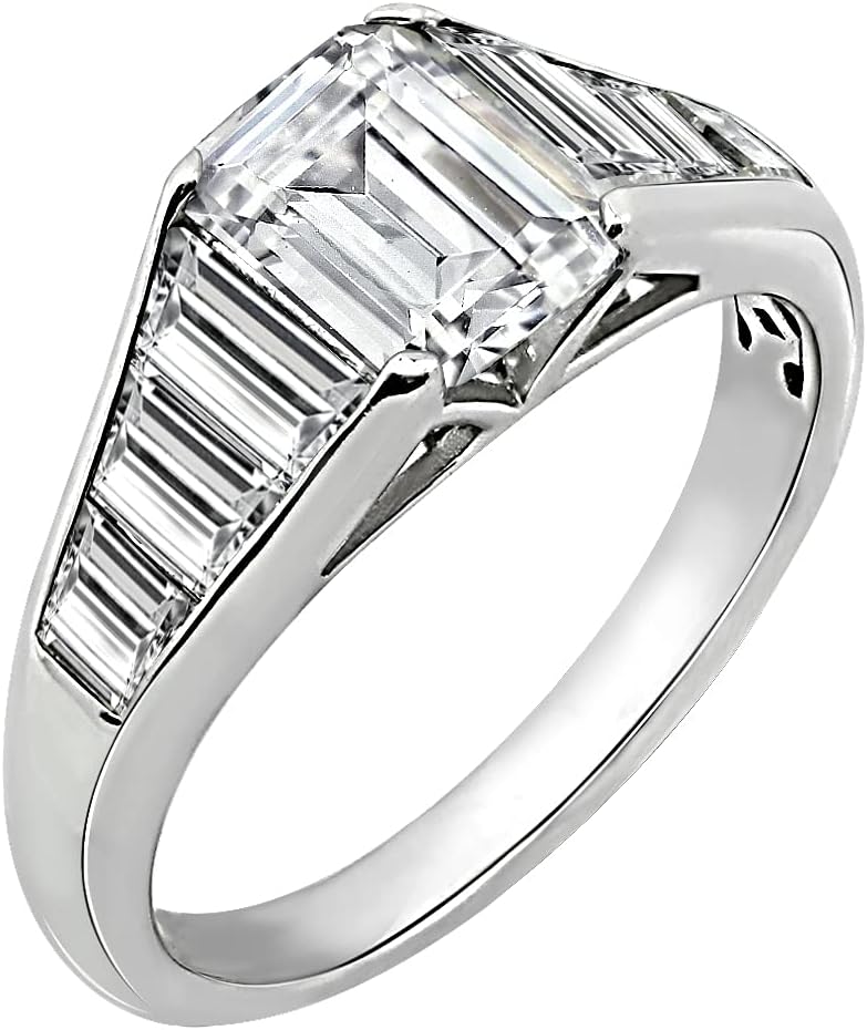 DIAMONBLISS Tapered Baguette & Emerald Cut Ring 925 Sterling Silver Single Prong Set Engagement Ring Band | 4.00 Carats Cubic Zirconia CZ Simulated Diamond