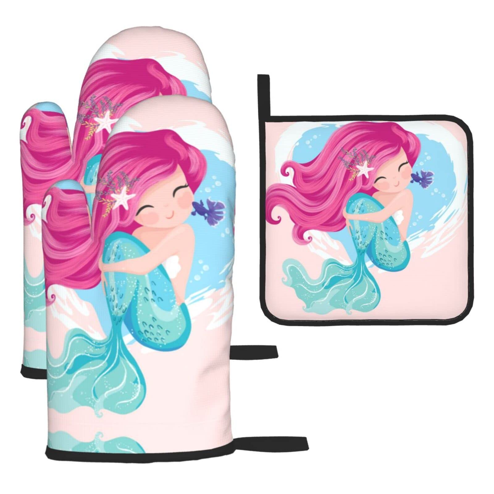 Mermaid Oven Mitts and Pot Holder Kitchen Set for Grilling, Cooking, Baking, Heat Resistant