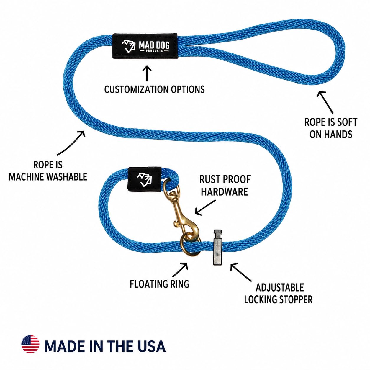 Correa de perro de doble propósito de 0.5 pulgadas x 6 pies, cuerda distintiva roja/blanco/azul, fabricada en Estados Unidos por Mad Dog Products