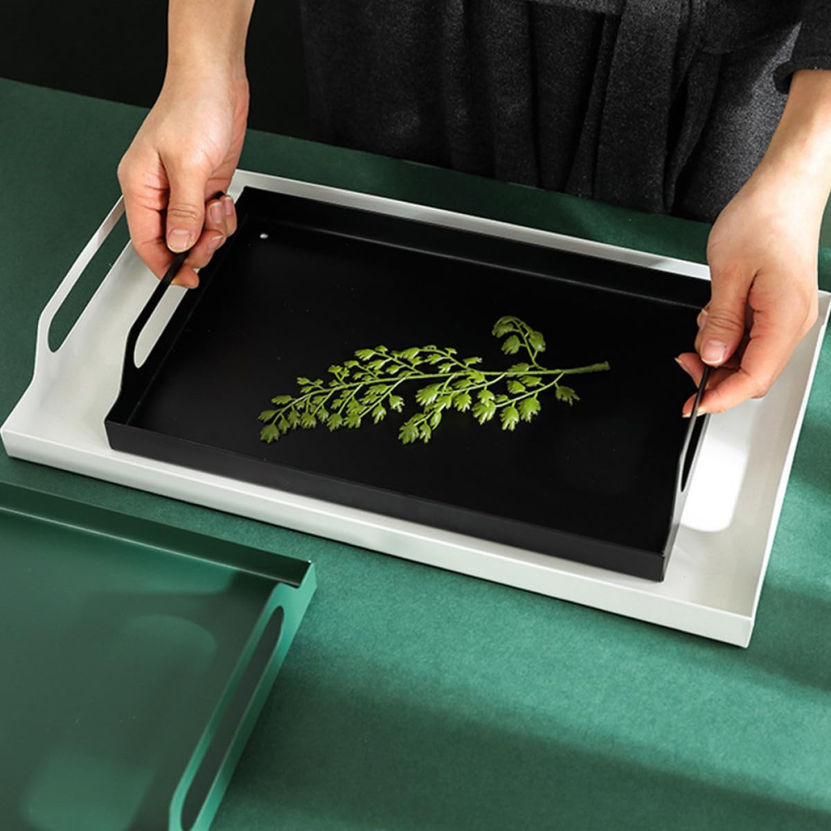 Bandeja Rectangular de Metal Verde con Asas para Servir Aperitivos y Postres Adecuado para Showers y Guardería
