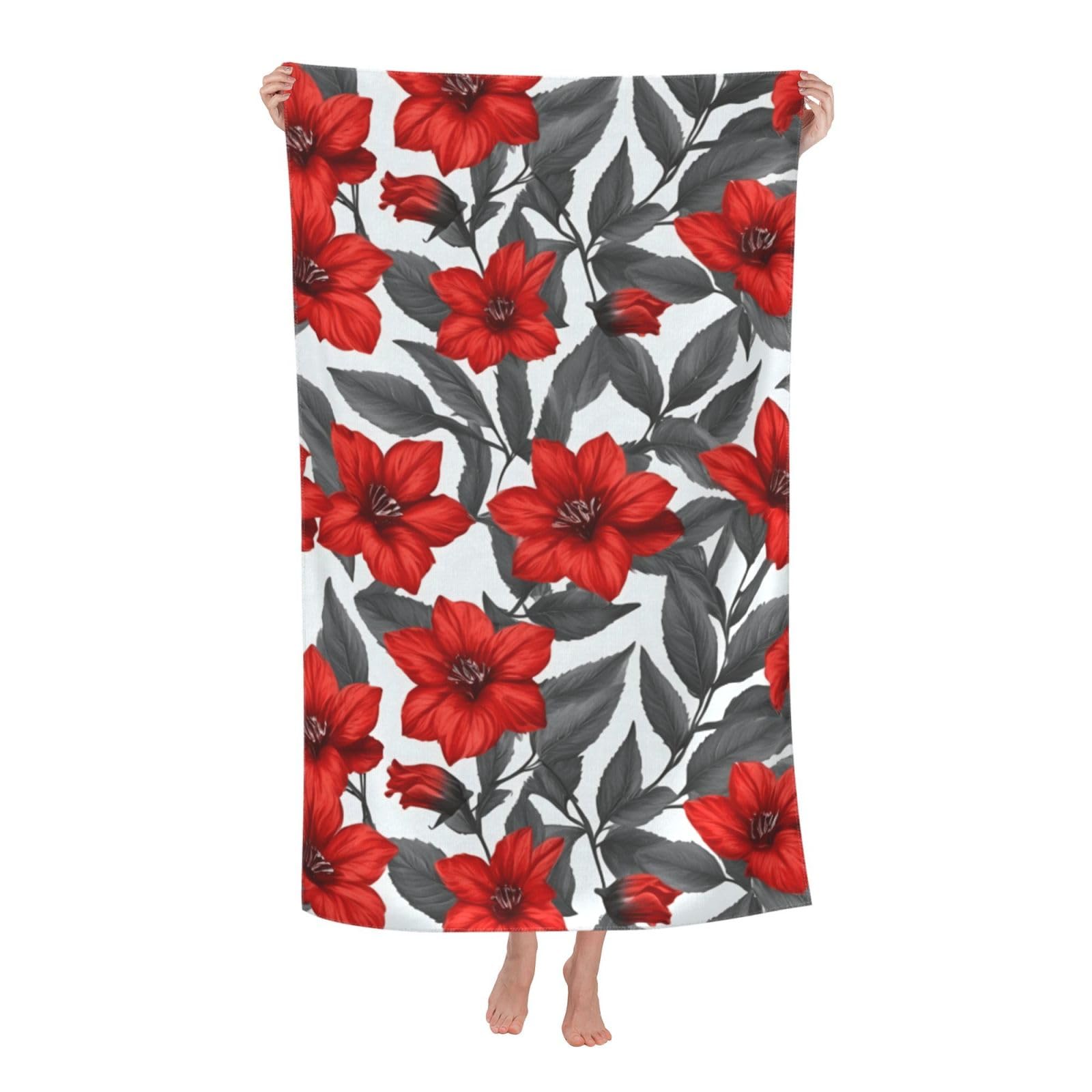 Pojknbv White Red Flowers Leaves Print Oversized Adult Beach Towel Quick-Dry Comfortable Lightweight Travel Pool Camping