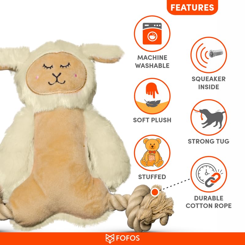 BarkButler x Fofos - Juguete de peluche para perros con patas de cuerda, suave y chirriante, color blanco, perros pequeños y medianos (5-20 kg), chirriador, tela suave y cuerda de algodón, para todas