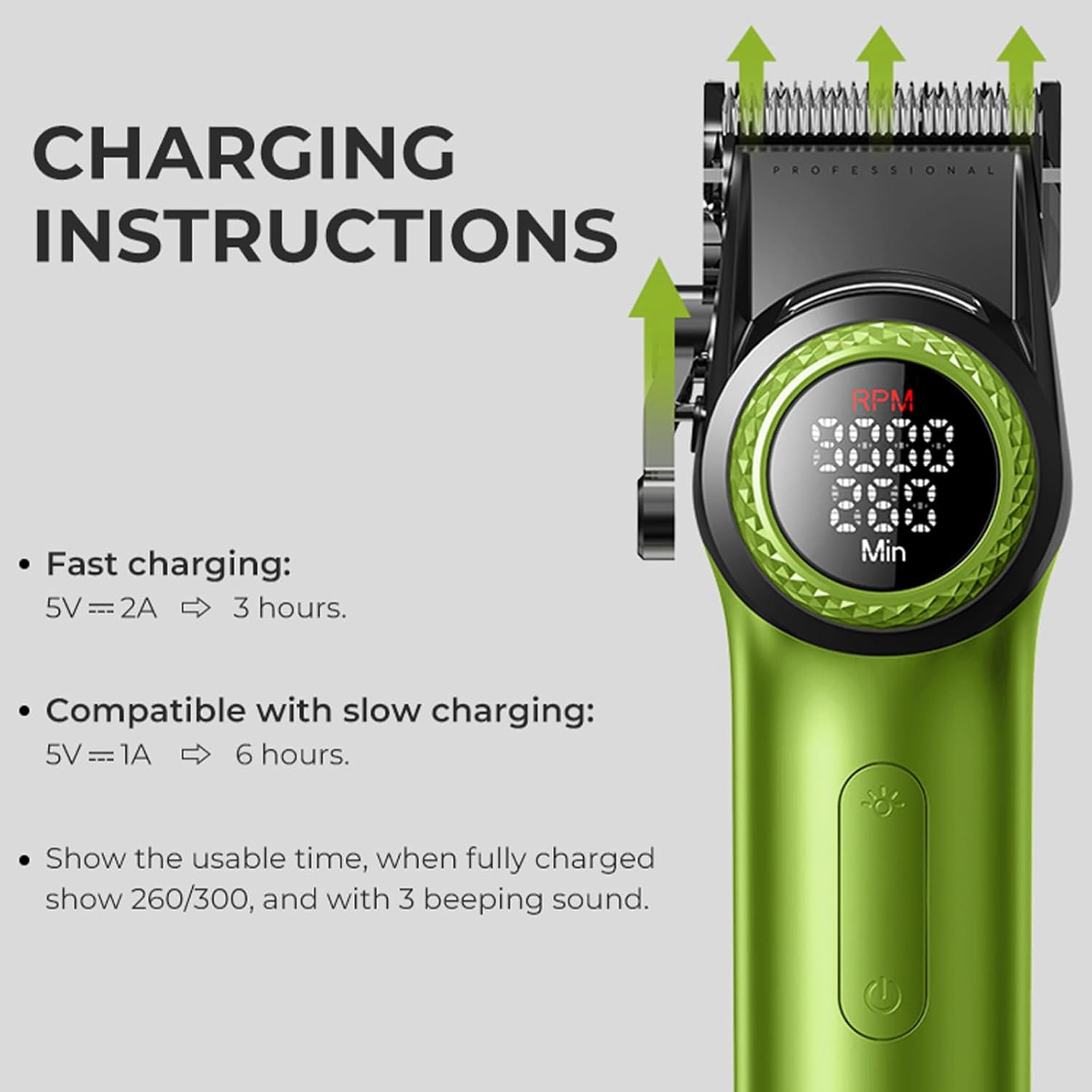 VGR 001 Professional Hair Clippers for Men, Cordless Barber Clippers for Hair Cutting, Carbon Steel Blade Hair Trimmers for Barbers, 9000RPM, LED Display, Green