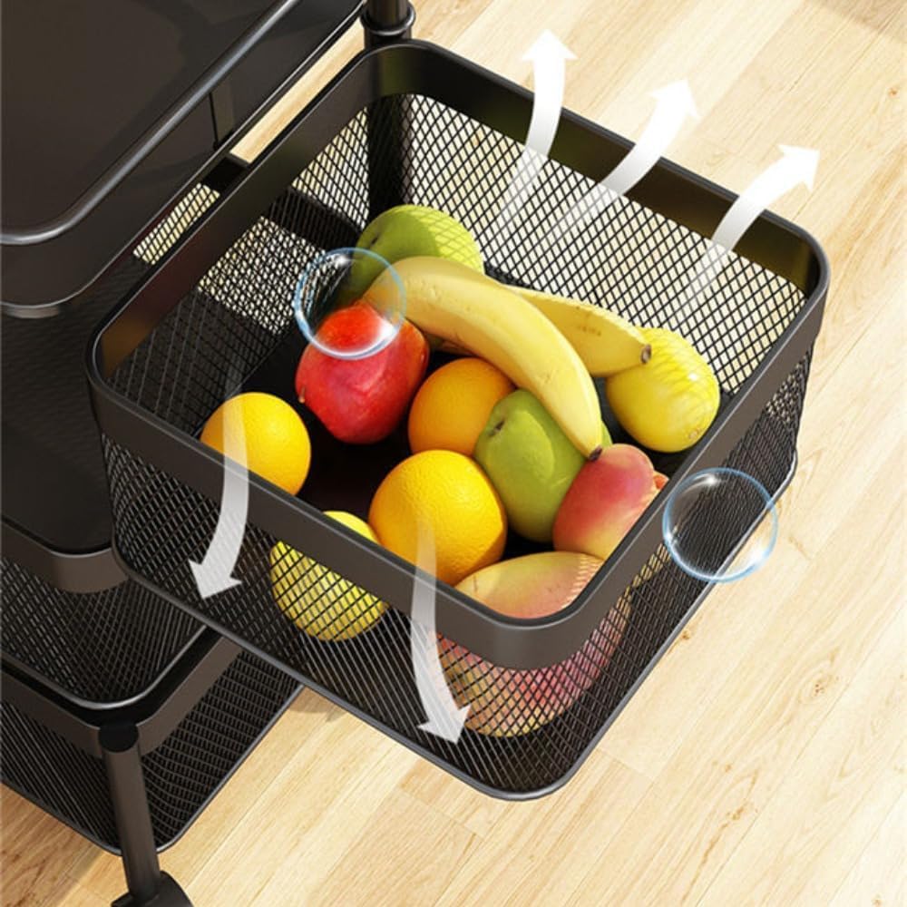 Rotating Rack with Lockable Casters & Removable Stainless Steel Basket, Fruit & Vegetable Storage Rack for Kitchen, Bathroom or Bedroom (Black, 5 Tier)
