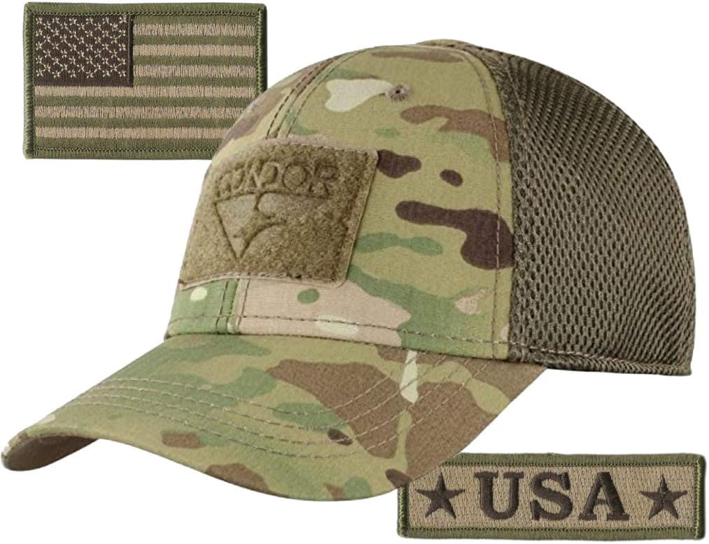 Condor MESH Fitted Tactical Cap Bundle - U.S.A. & USA Flag Patch - Choose Size