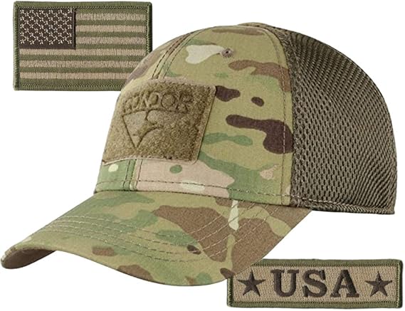 Condor MESH Fitted Tactical Cap Bundle - U.S.A. & USA Flag Patch - Choose Size