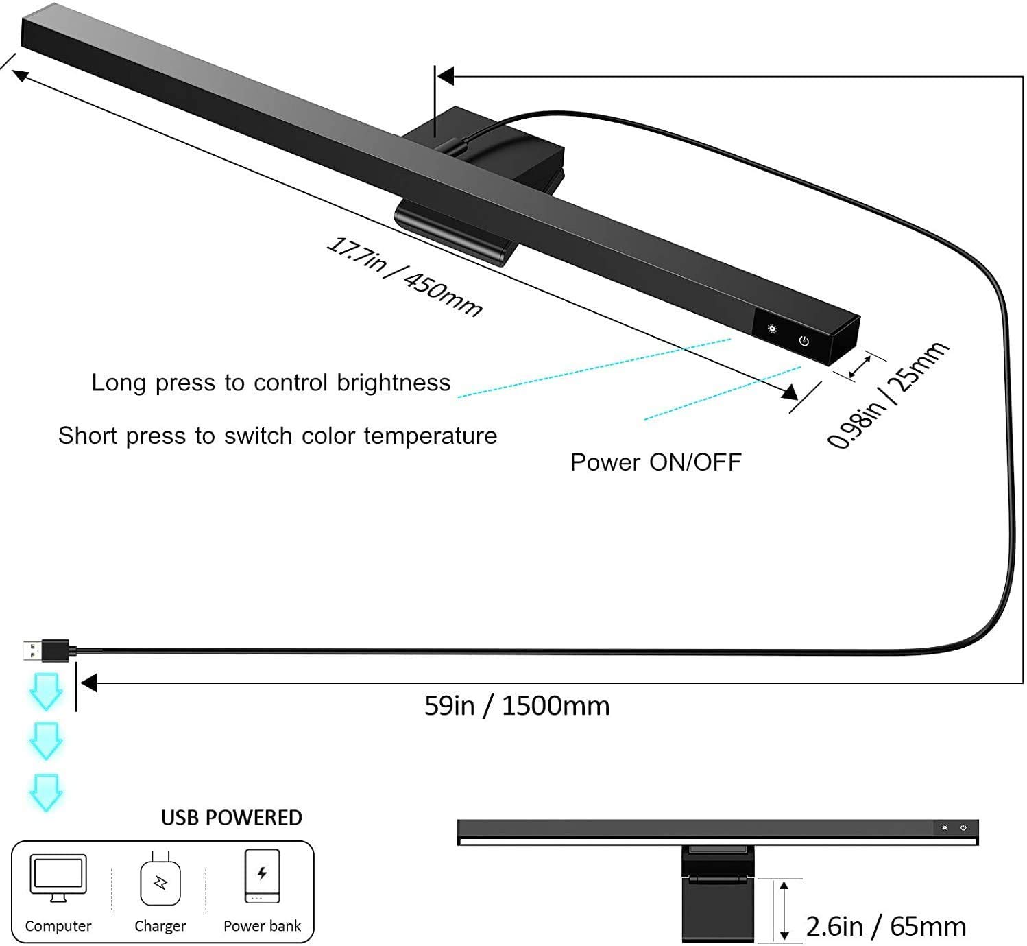 Lampa do monitora komputerowego LED, USB, lampa do monitora, do laptopa, do pielęgnacji oczu, lampa biurkowa, ekran, jasność i 3 ustawienia temperatury barwowej, lampa do monitora z dotykowym sterowaniem