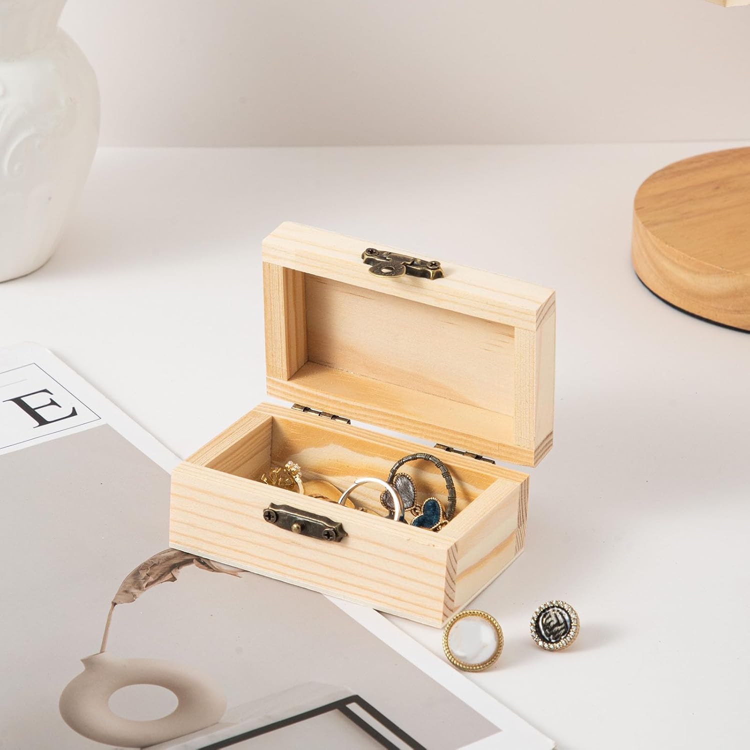 24 Piece Small Wooden Box Unfinished Wooden Treasure Box with Lids for DIY Crafts (3.5 x 2.1 x 1.8 inches) (24)